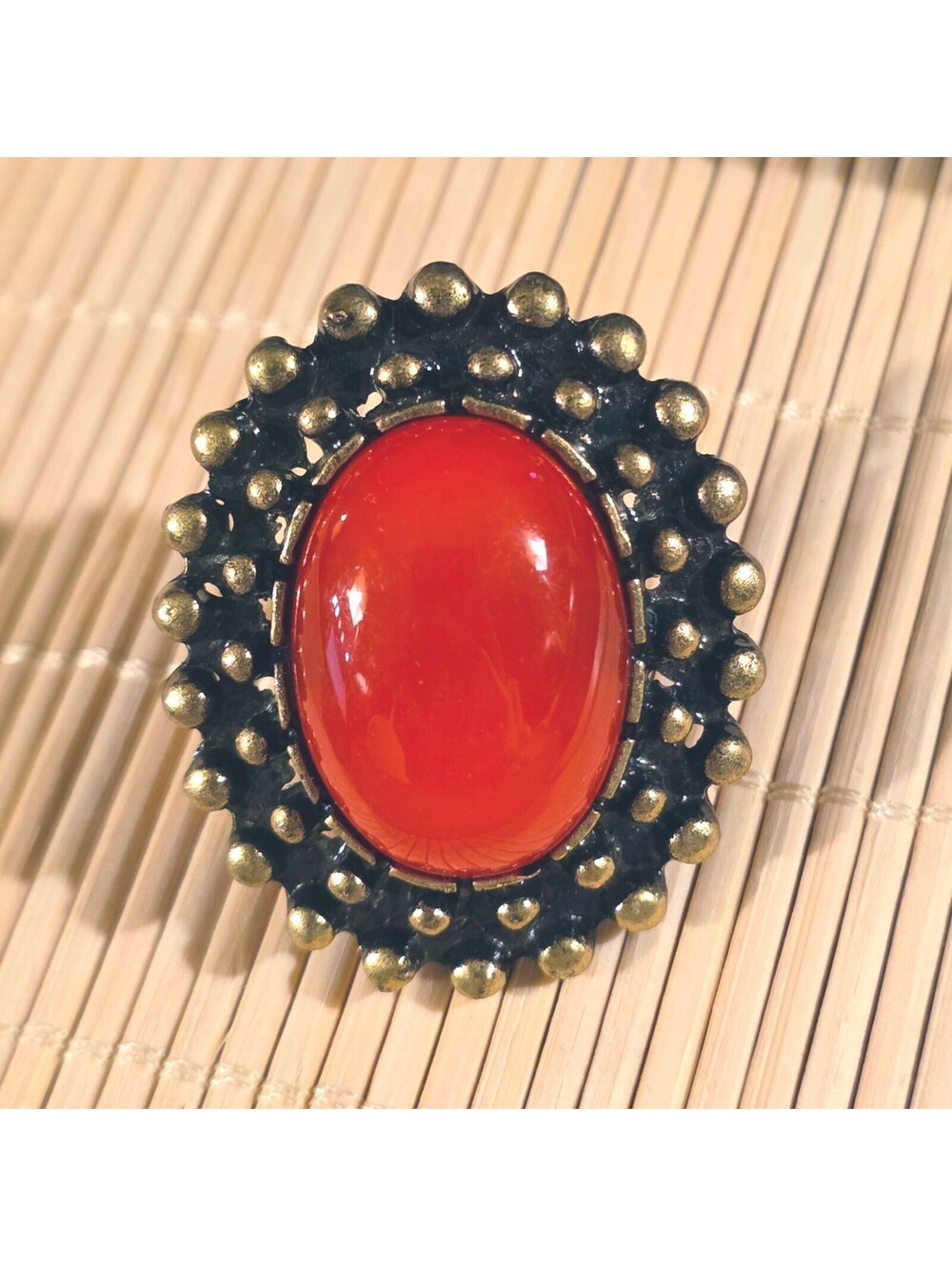 Bold Vintage 90s Bronze and Red Oval Cabochon Ring with Gothic Raised Dots